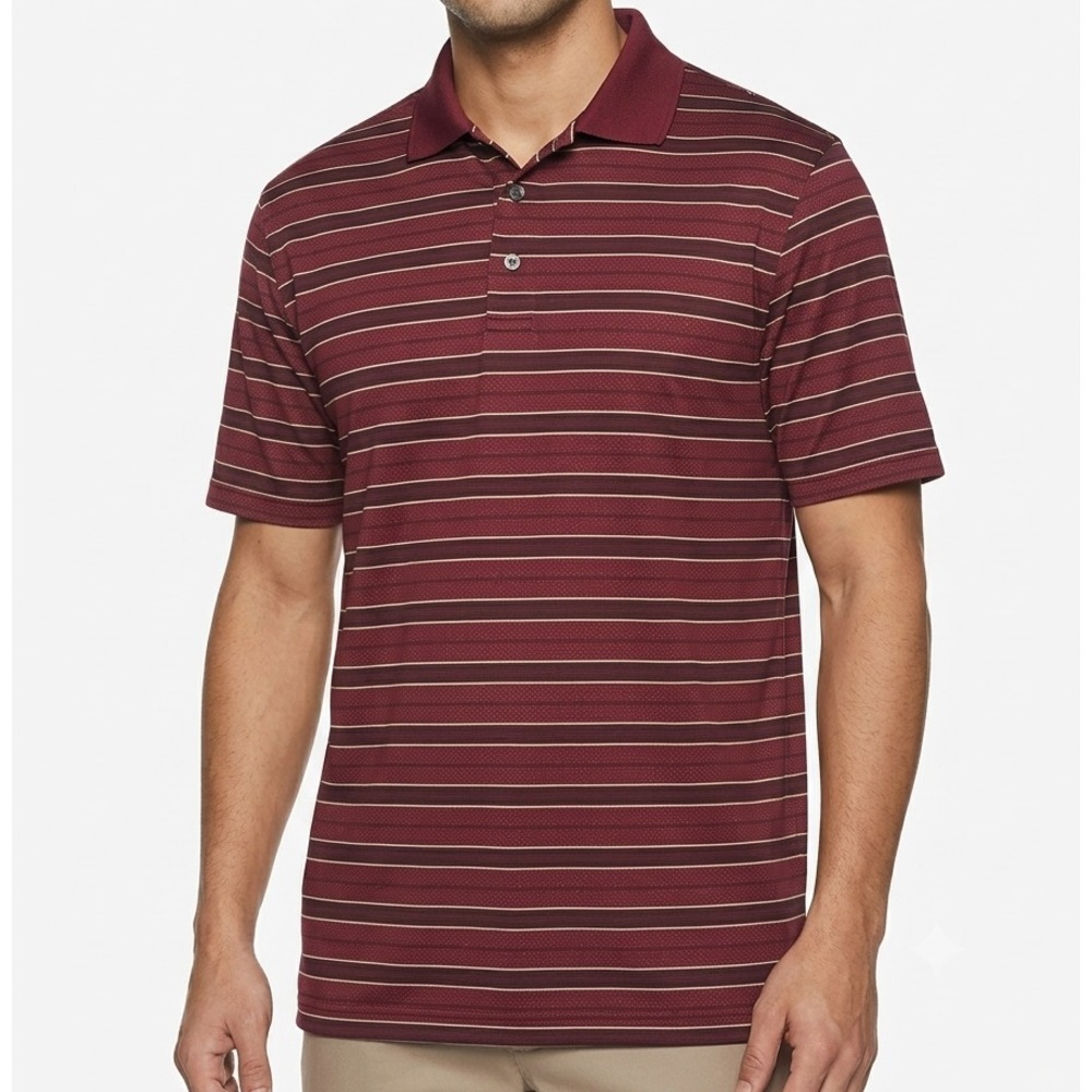 PGA TOUR Men's XL Golf Polo Shirt Maroon Burgundy Gold Striped Performance